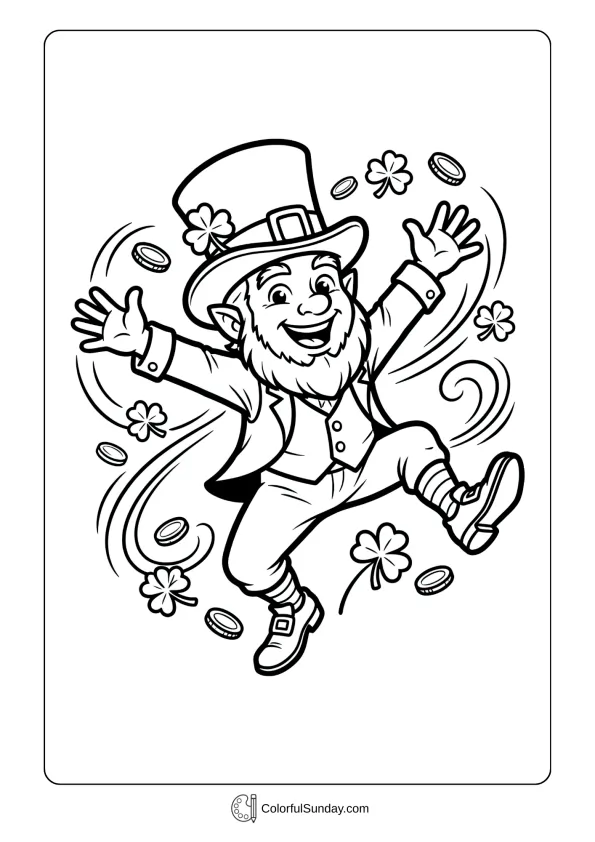 This coloring page captures a leprechaun frozen mid-jump during St. Patrick’s Day excitement.