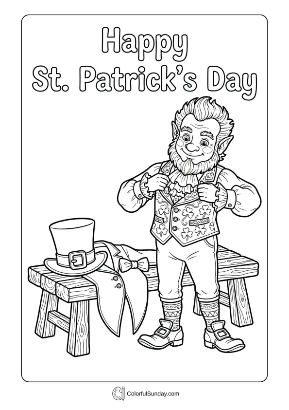 Detailed outfit elements shine in this St. Patrick’s Day leprechaun coloring page.