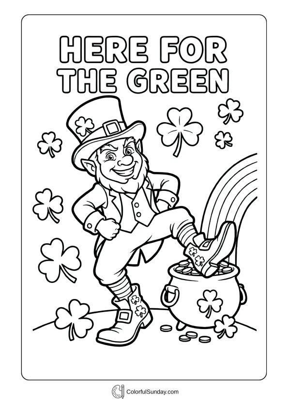 A playful leprechaun shows sturdy boots during St. Patrick’s Day fun in this coloring page.
