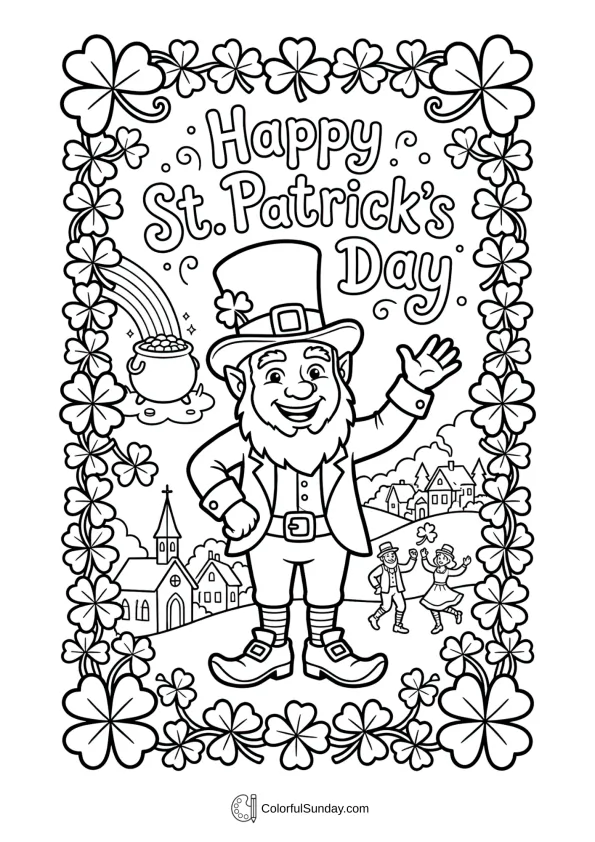 A festive leprechaun framed by clovers appears in a detailed St. Patrick’s Day coloring page.