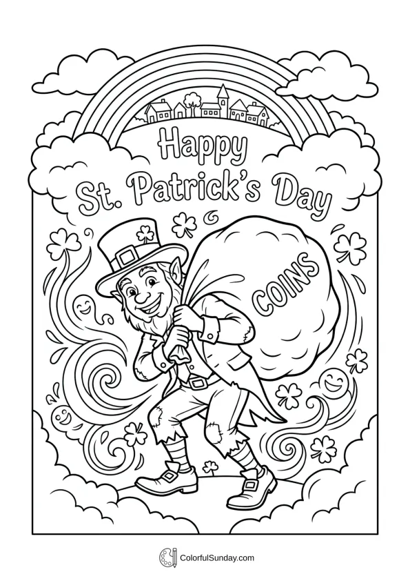 In this coloring page, a leprechaun carries a heavy coin sack spreading St. Patrick’s Day cheer.