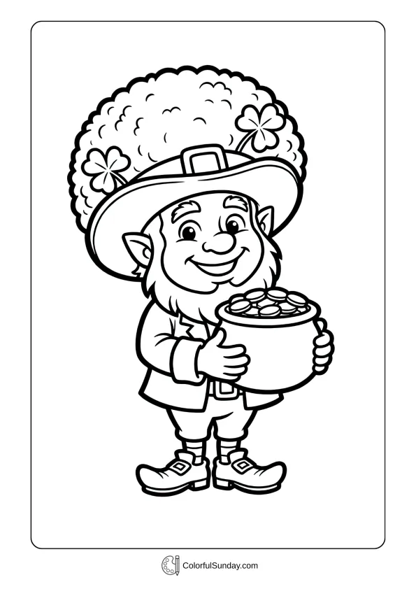 A rounded hat gives charm to this leprechaun St. Patrick’s Day coloring page.
