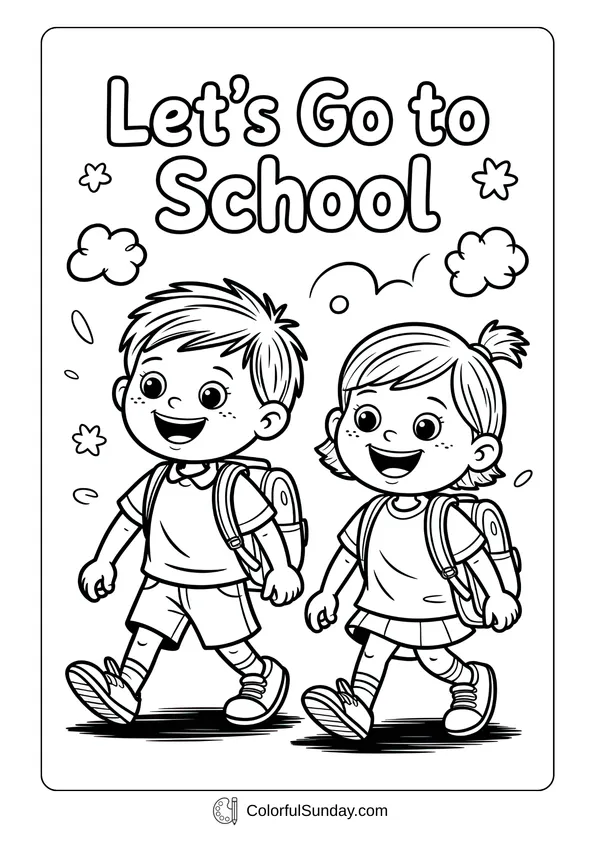 Two cheerful children walking with backpacks under the phrase “Let’s Go to School,” joyful coloring page.