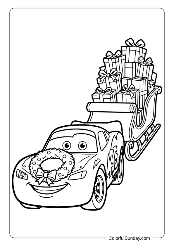 A Disney Christmas coloring page featuring Lightning McQueen pulling a sleigh filled with wrapped presents and holiday cheer.