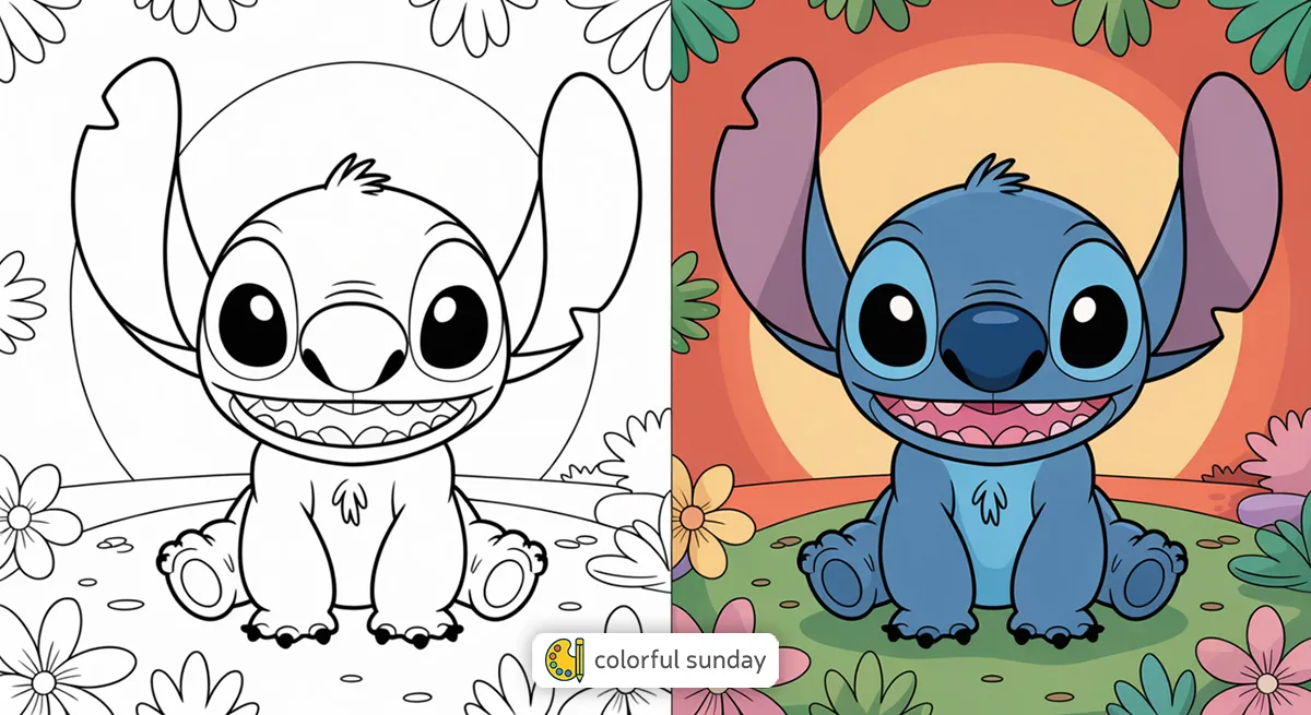 Lilo and Stitch coloring pages featured image, left side uncolored, right side fully colored
