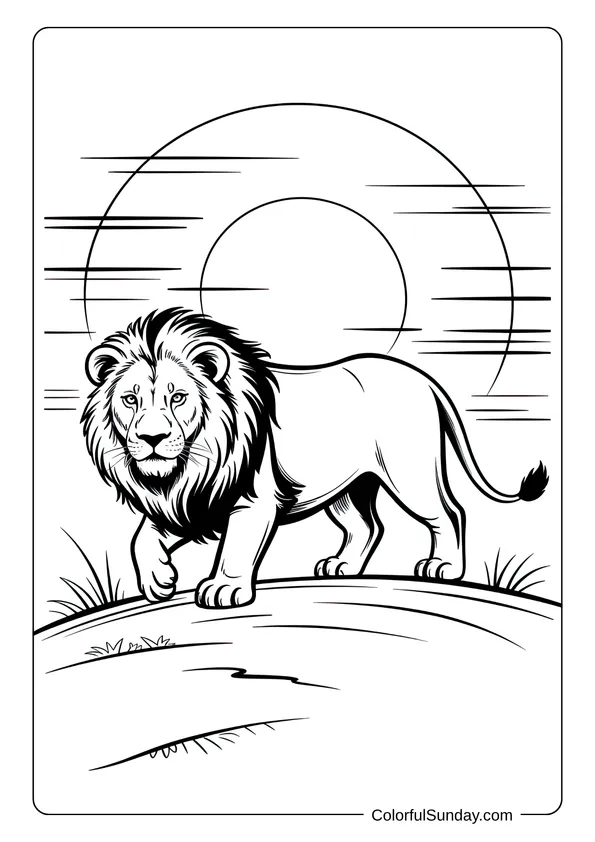 A strong lion walks on a hill while the sun sets behind it, creating a striking coloring page moment.