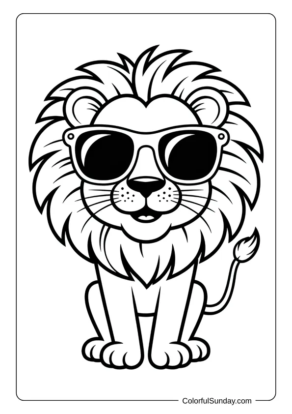 A cool lion wearing oversized sunglasses adds humor and charm to this fun coloring page.