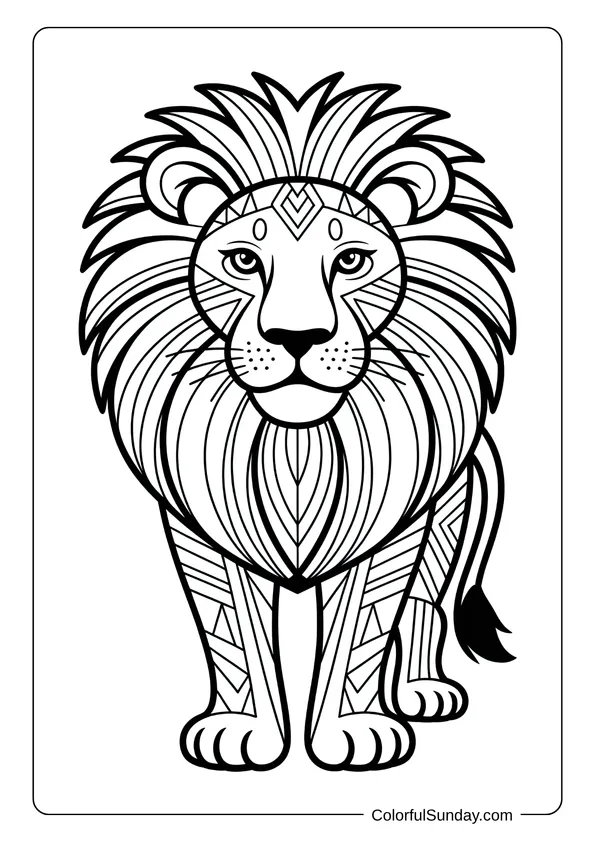 A lion with intricate geometric details fills this elegant coloring page for adults.