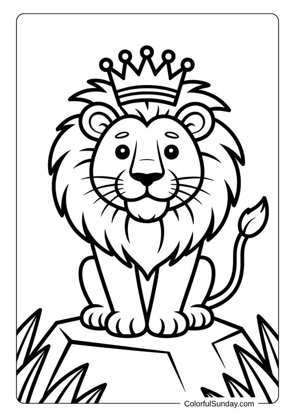 Wearing a royal crown, the lion sits proudly on a rock as the king of the jungle in this coloring page.