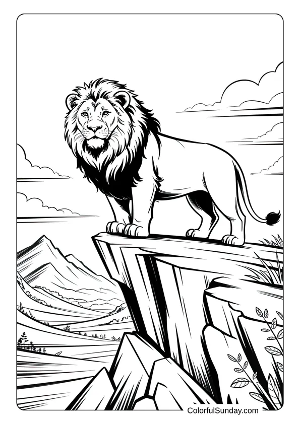 A strong lion overlooks a vast mountain landscape in this scenic wildlife coloring page.