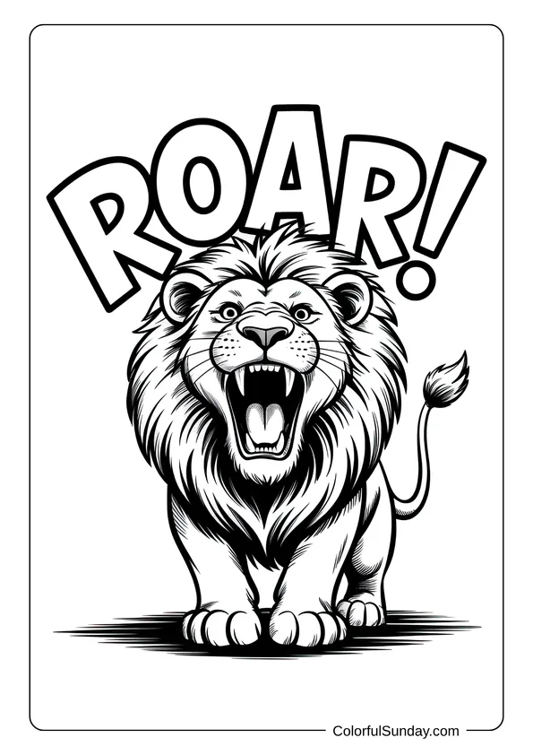 A roaring lion stands proudly under the word “ROAR!” in this energetic coloring page.