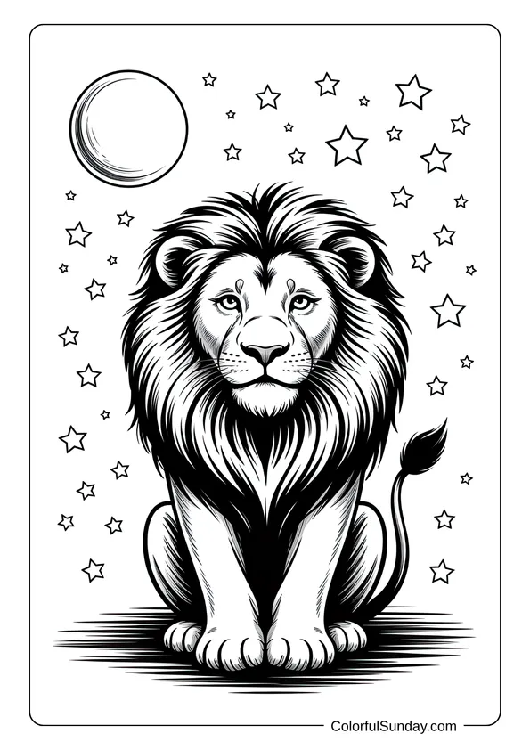 Under a sky full of stars, a lion sits peacefully in this night-themed coloring page.