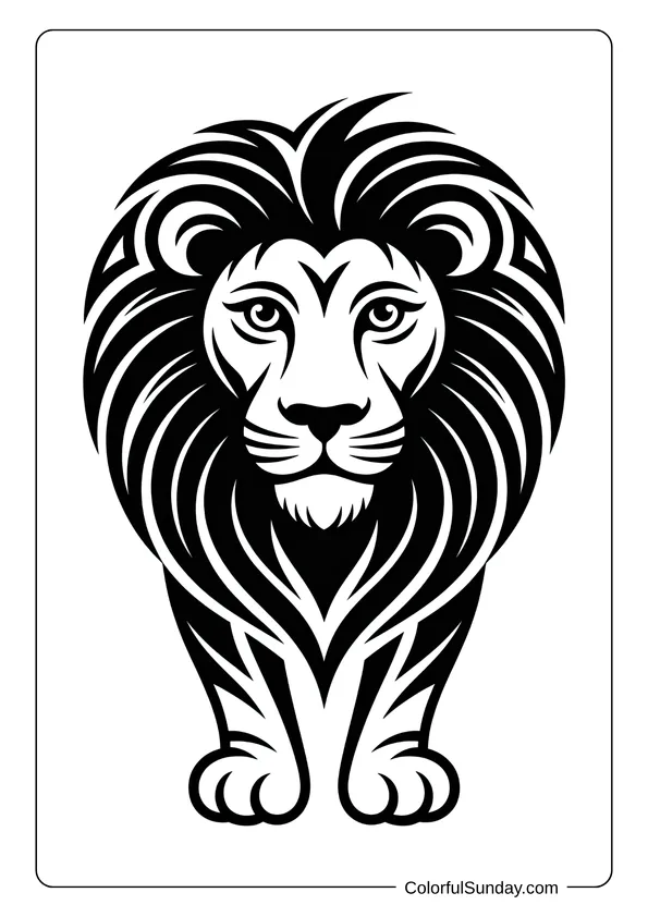 A tribal-inspired depiction of a lion creates a bold and artistic design in this coloring page.