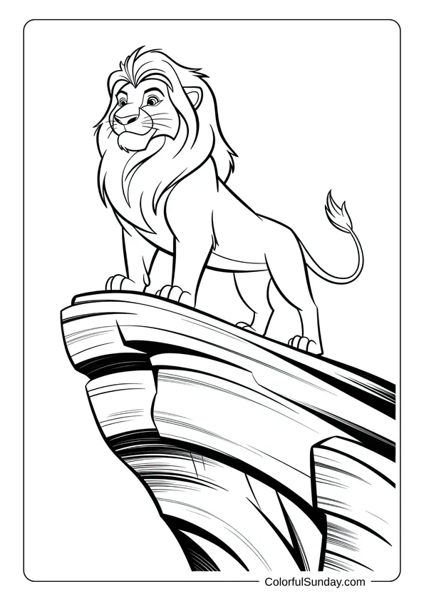The proud Lion King standing on a tall cliff looking over the land in a detailed coloring page.