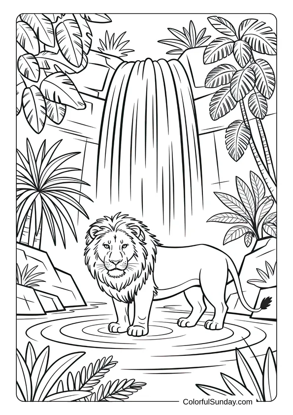 A majestic lion stands calmly near a jungle waterfall, surrounded by lush plants in this detailed coloring page.