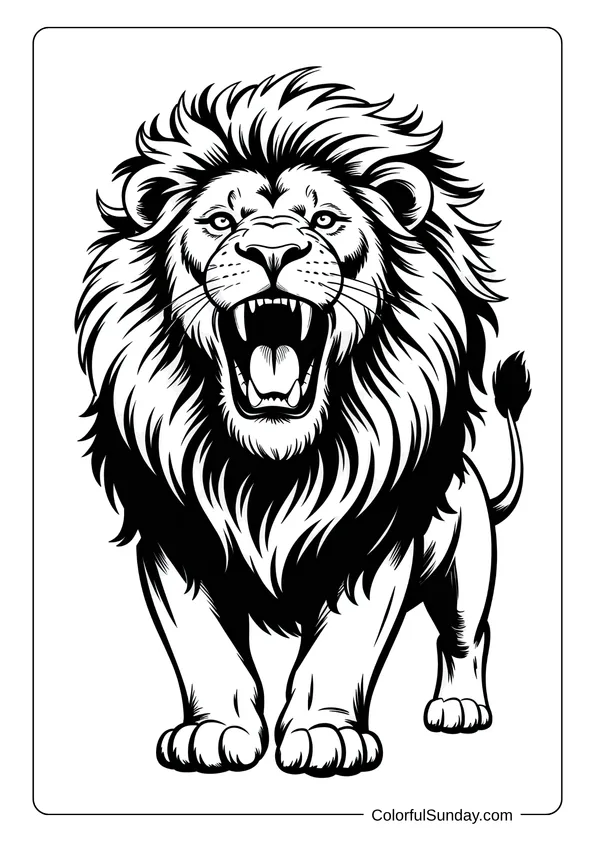 A fierce lion roars with its mane blowing in the wind, captured in this bold animal coloring page.