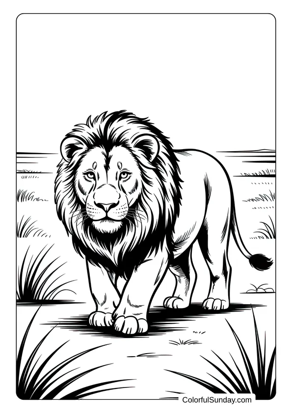 A lion walking through tall grass on a windy savanna captures motion and majesty in this coloring page.