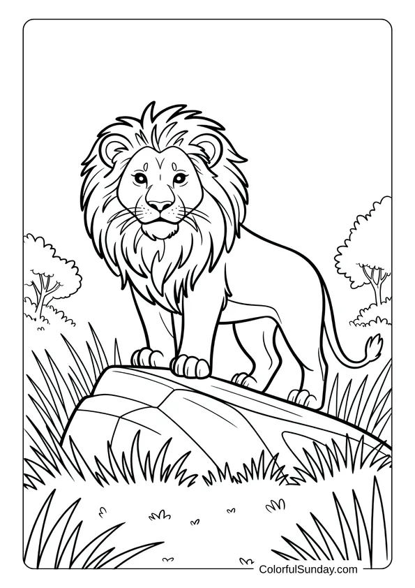A lion stands tall on a rock, watching over the grassy plain in this wildlife-themed coloring page.