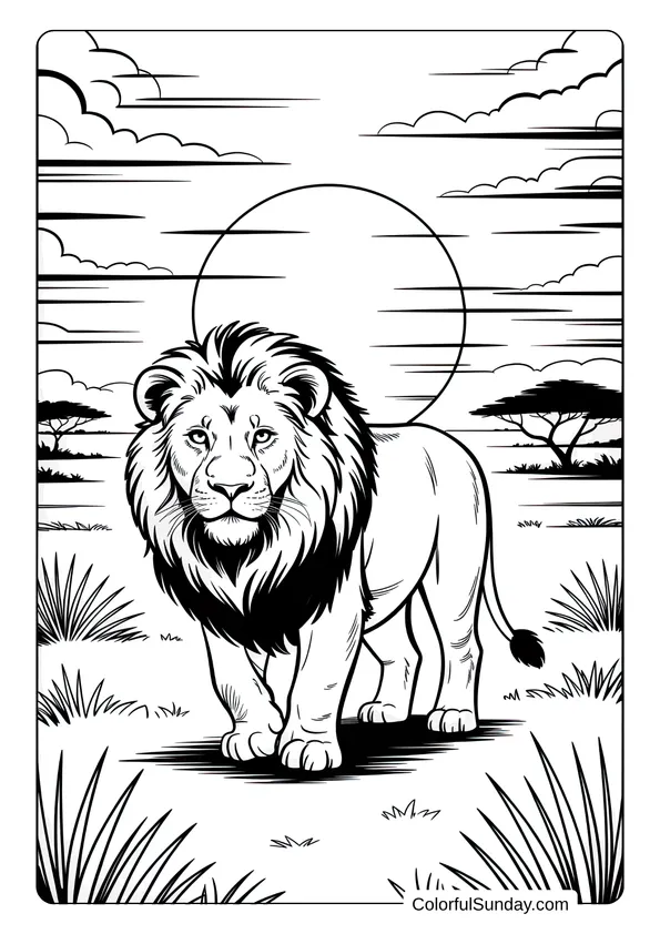 The setting sun paints the savanna sky as a lion walks proudly in this safari-style coloring page.