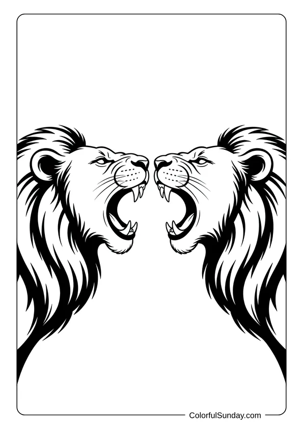 Two roaring lions face each other, showing strength and emotion in this striking coloring page design.