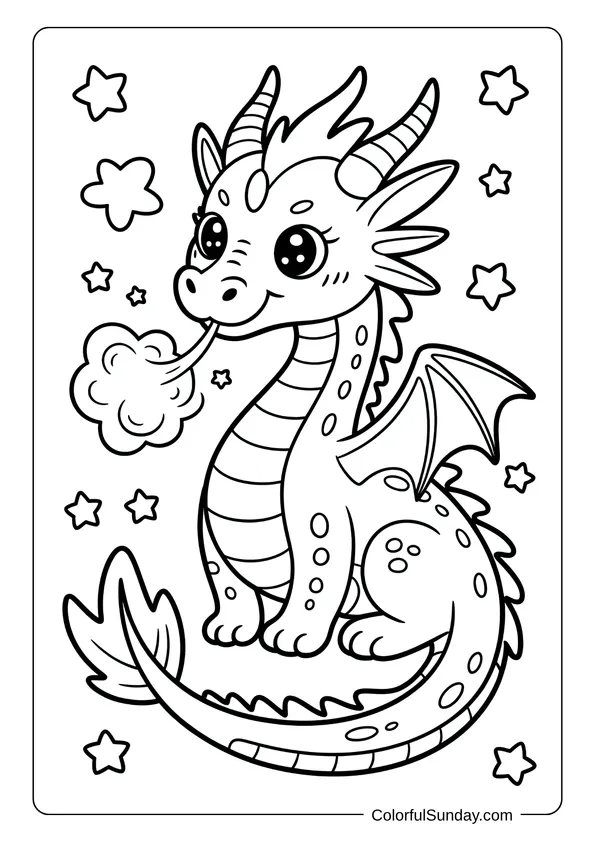 Baby dragon blowing smoke surrounded by stars, illustrated in a kawaii fantasy coloring page.