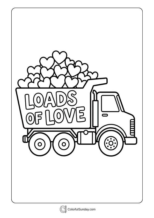 A dump truck filled with hearts and the words 'Loads of Love' on a Valentine's Day coloring page.