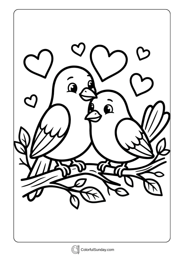 Two sweet birds perched together sharing affection on a Valentine's Day coloring page