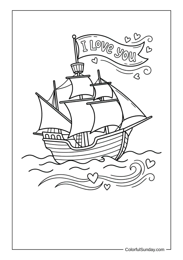 Sailing ship with a flag that reads I love you gliding on waves in a coloring page.