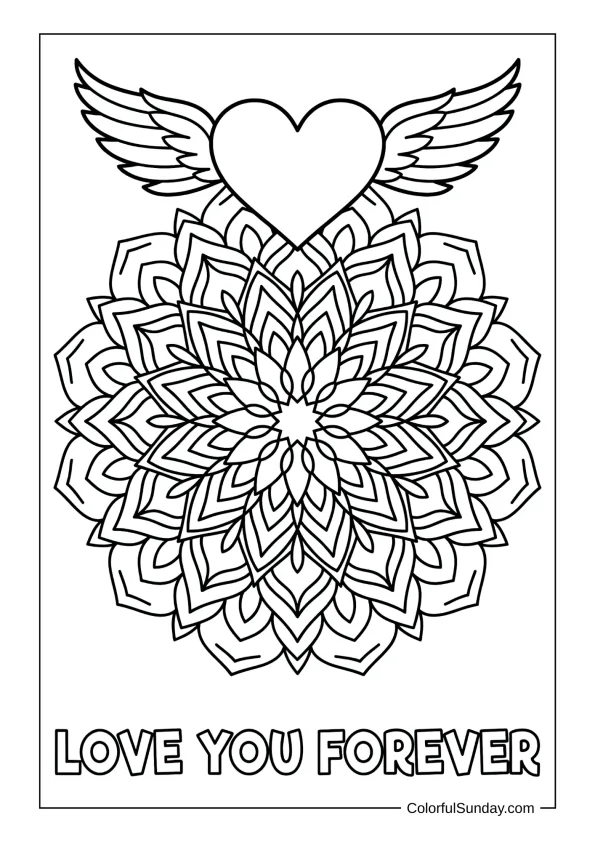 Winged heart mandala in a coloring page