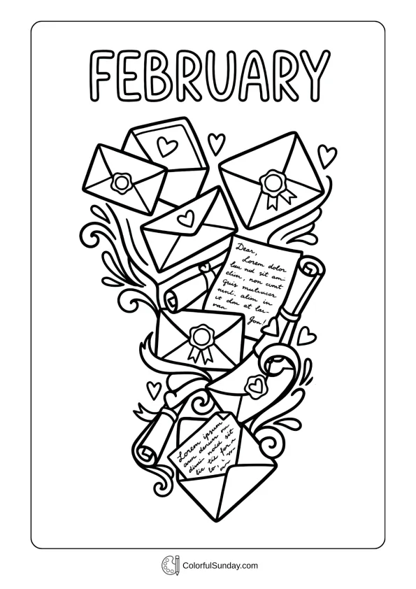 February love letter coloring page featuring vintage letters envelopes and romantic messages coloring page