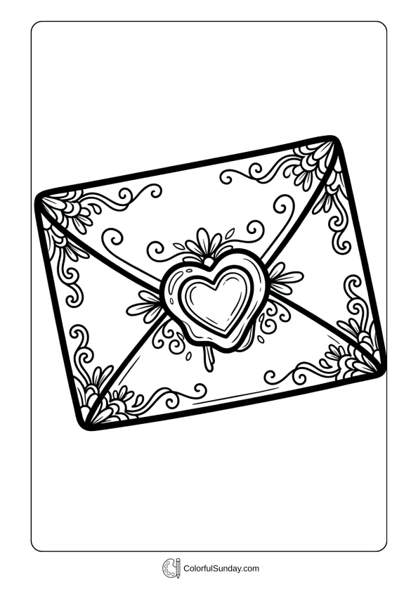 Sealed envelope with heart stamp delivering Valentine's Day sentiments in this coloring page