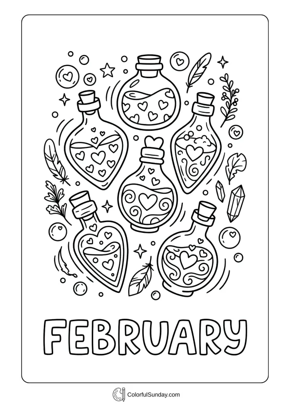 February love potion coloring page showing magical bottles with hearts bubbles and spell ingredients coloring page