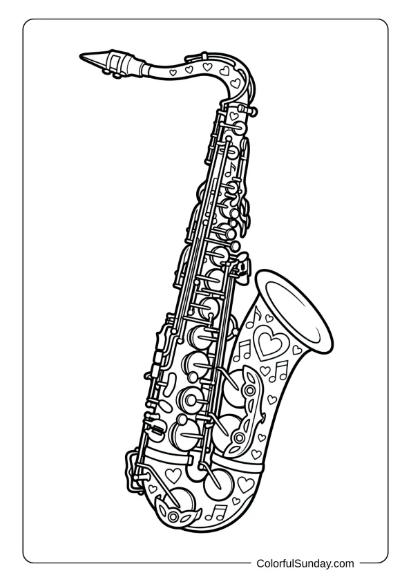 A saxophone coloring page with hearts and music note patterns decorating the instrument romantically coloring page.