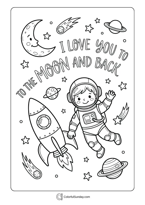 An astronaut in space with a rocket and the phrase 'I Love You To The Moon And Back' on a Valentine's Day coloring page.