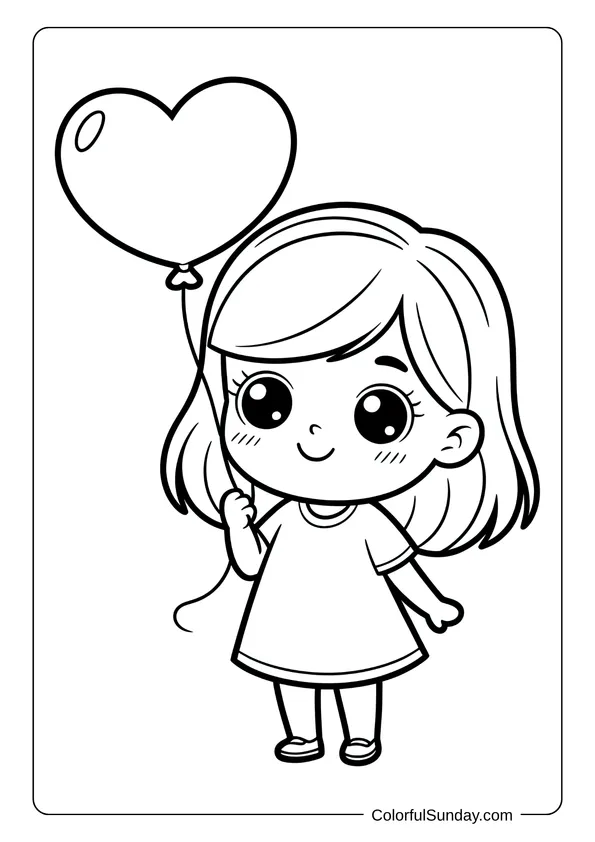 Sweet little girl holding a heart-shaped balloon in a charming kawaii coloring page.