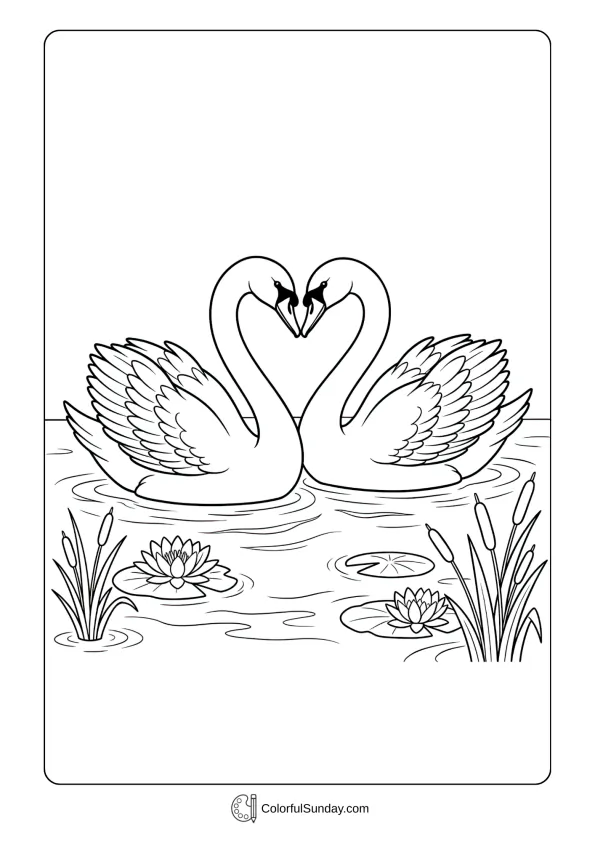 Two swans with necks forming a heart shape on a pond in a Valentine's Day coloring page.
