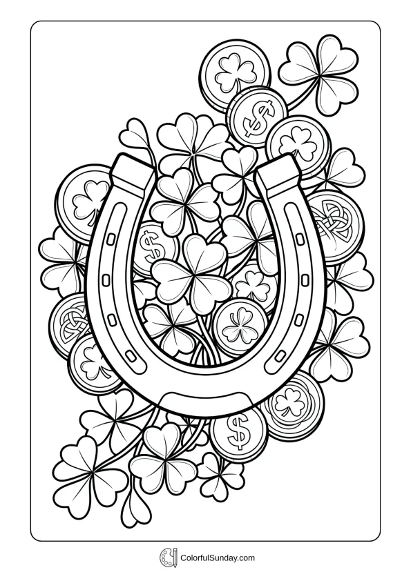 A lucky horseshoe surrounded by shamrocks and coins fills this festive coloring page.