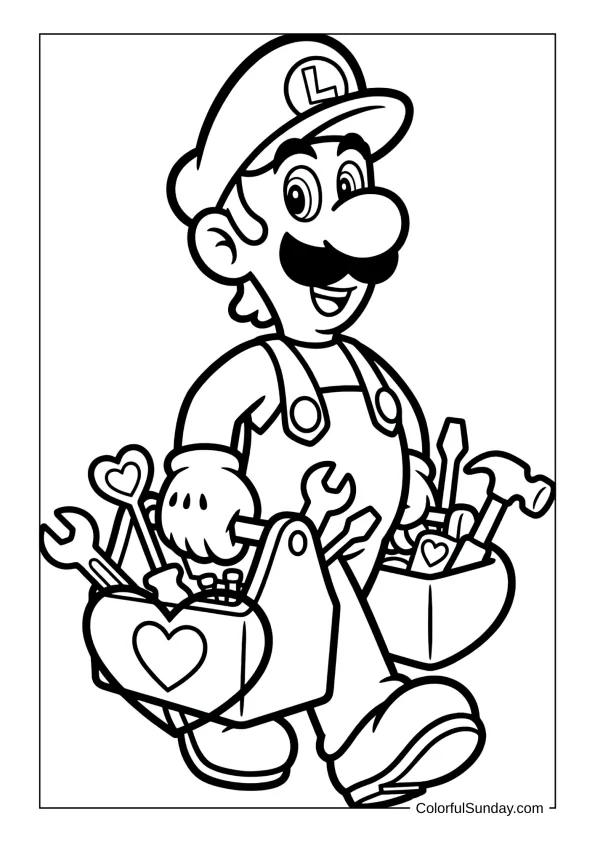 Luigi with heart toolbox in a coloring page