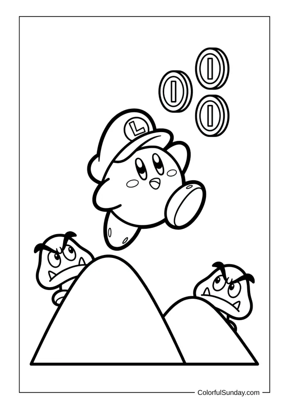 Kirby dressed as Luigi jumps to collect coins with a Goomba nearby in this playful coloring page