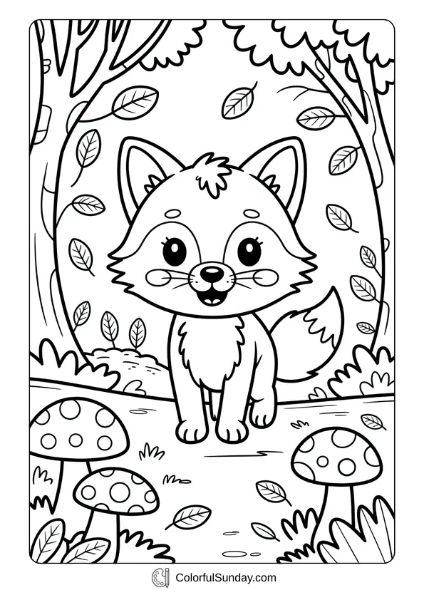 Pikachu From Pokemon Coloring Page A cheerful fox standing in a forest full of trees and leaves in this autumn coloring page.