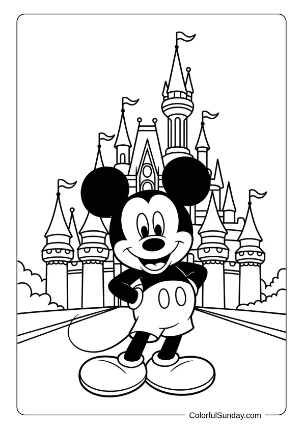 Pikachu From Pokemon Coloring Page A grand castle stands behind Mickey Mouse in a magical themed coloring page.