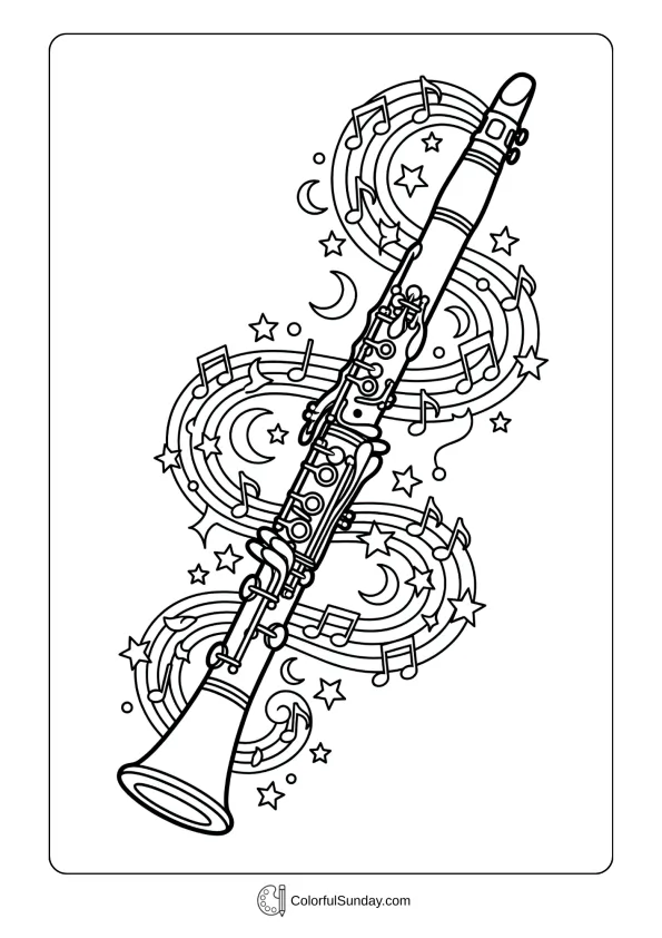 A coloring page of an enchanted clarinet surrounded by stars and swirling musical notes coloring page
