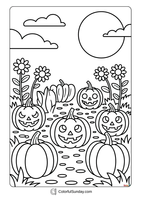 Pokemon Badges And Logo Coloring Page Jack-o’-lantern pumpkins glowing in a patch under the moon and clouds in an October page.