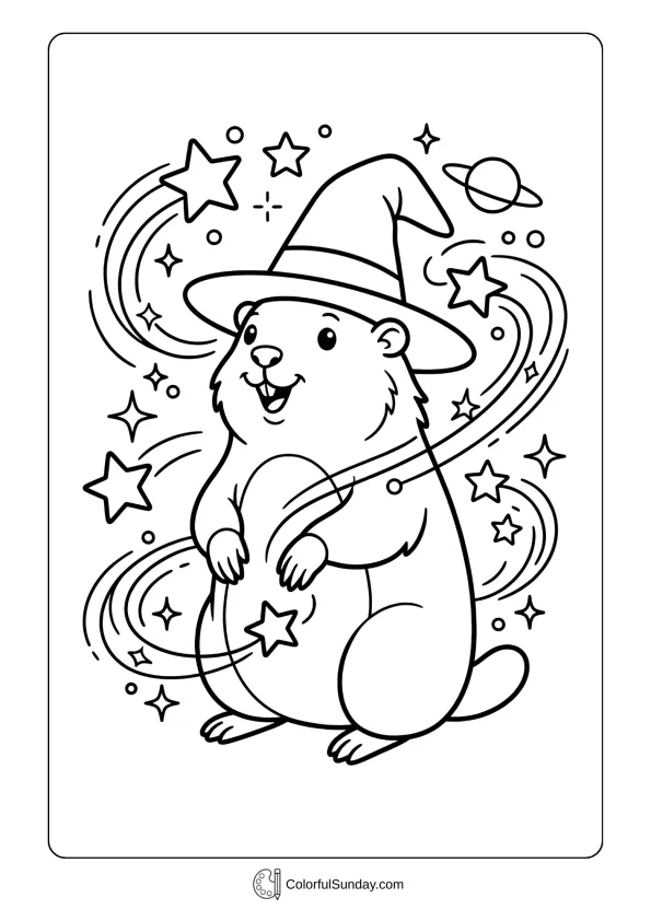 Whimsical scene with groundhog surrounded by stars and sparkles in a magical Groundhog Day coloring picture