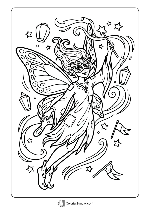 Whimsical fairy character with mask and wings in a magical Mardi Gras coloring page.