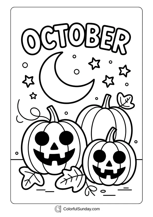 Pokemon Badges And Logo Coloring Page Coloring page with the word October above two jack-o’-lantern pumpkins under a crescent moon and stars.