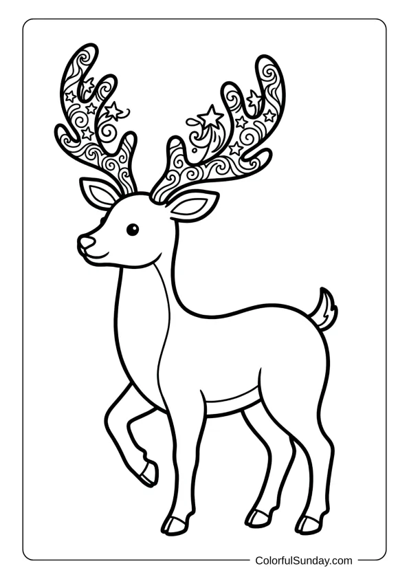 A whimsical reindeer coloring page with ornate antlers adorned with stars and swirling patterns.