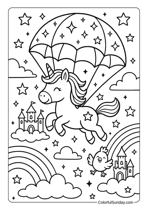 Parachute coloring page featuring a unicorn descending among stars, castles, clouds, and rainbows.