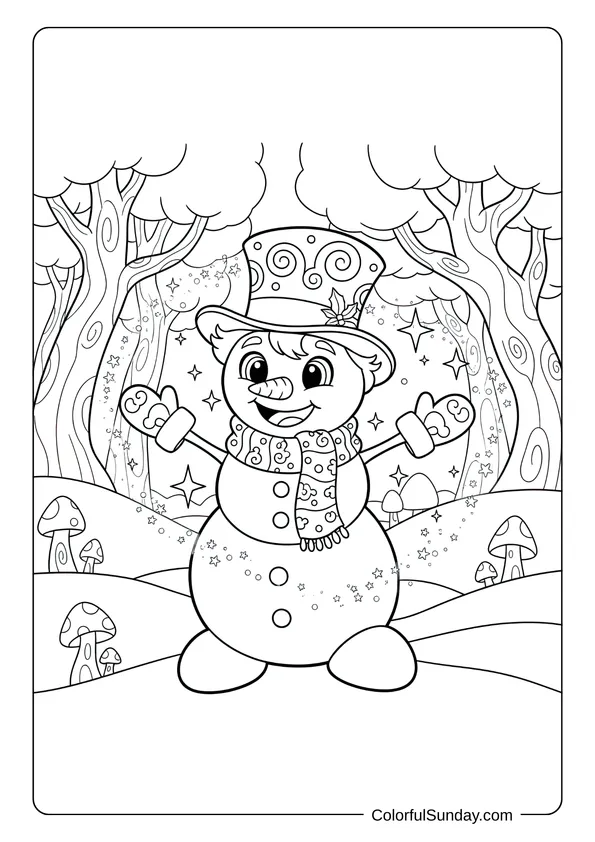 A magical young snowman coloring page featuring a whimsical winter character design.