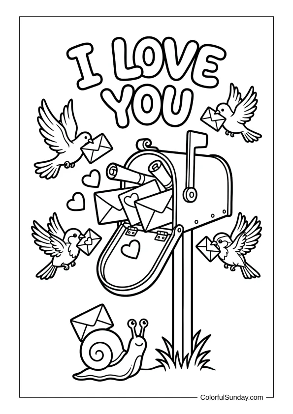 Mailbox overflowing with letters and hearts as birds deliver I love you notes in a coloring page.
